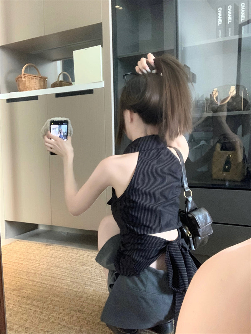 💕法式條紋露背收腰無袖上衣