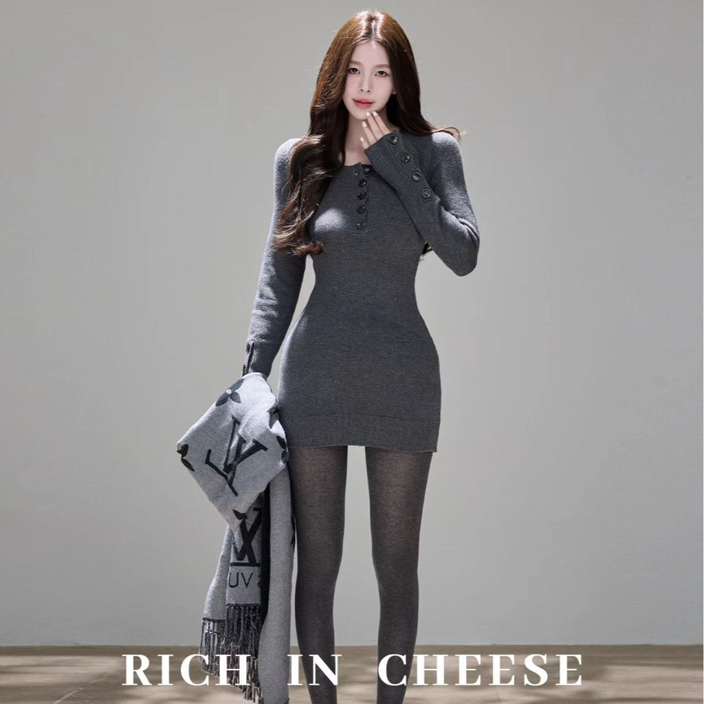 💕溫柔烏木沉香V領收腰顯瘦包臀連衣短裙