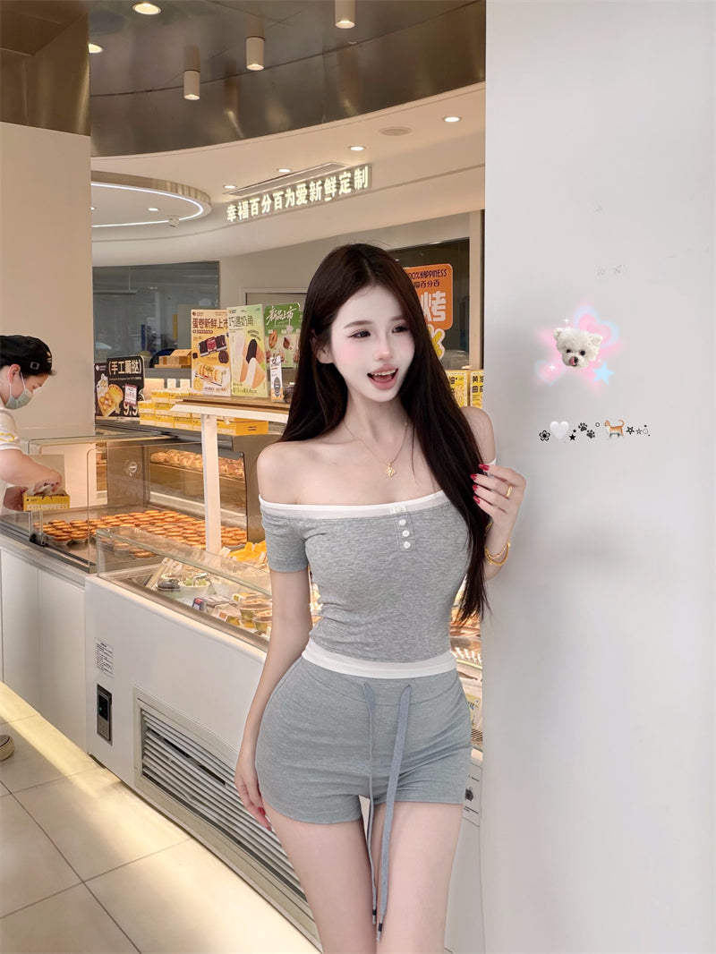 💕韓系假兩件撞色斜肩露肩上衣