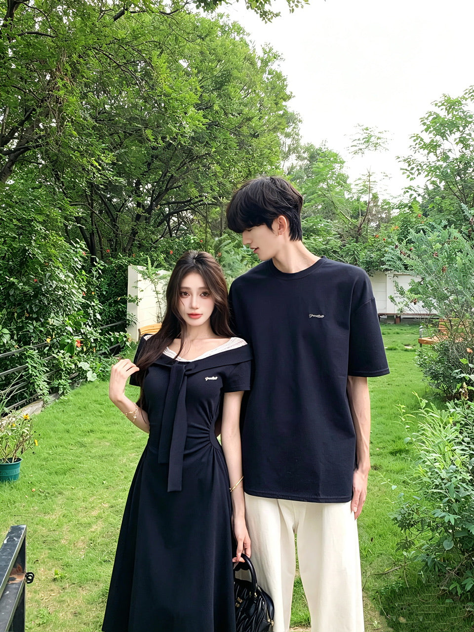 💕夏季法式V領蕾絲系帶假兩件連身裙情侶套裝