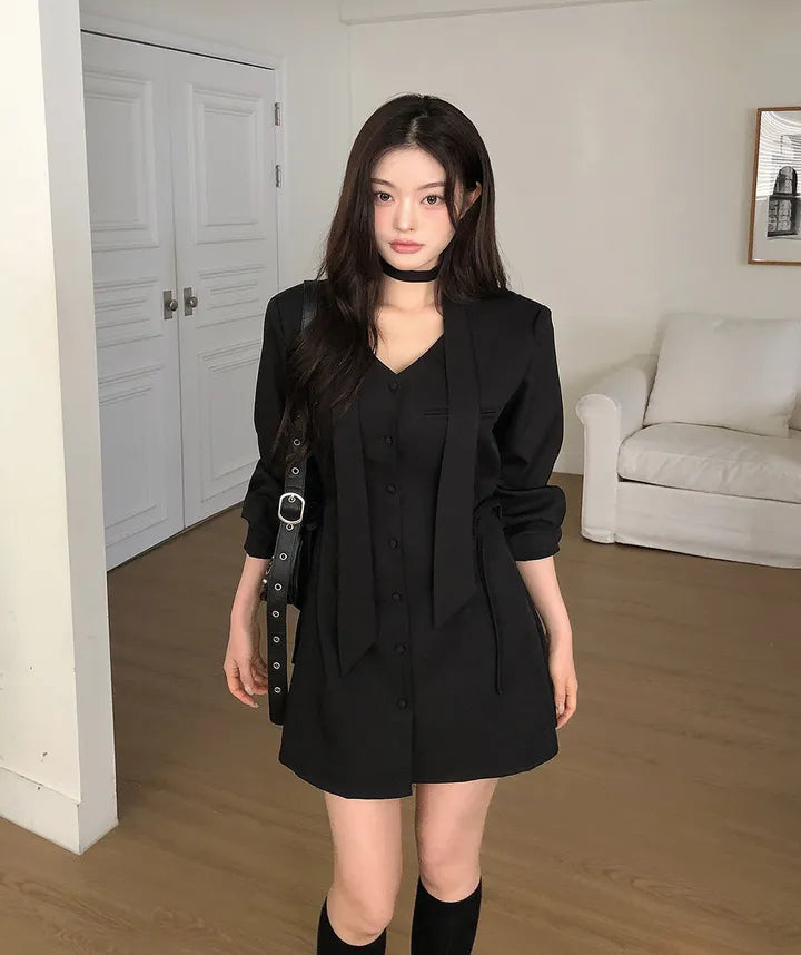 💕ins系V領圍脖系帶收腰單排扣西裝連衣裙