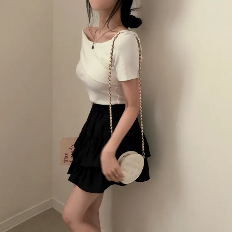 💕韓系chic修身氣質顯瘦斜肩上衣