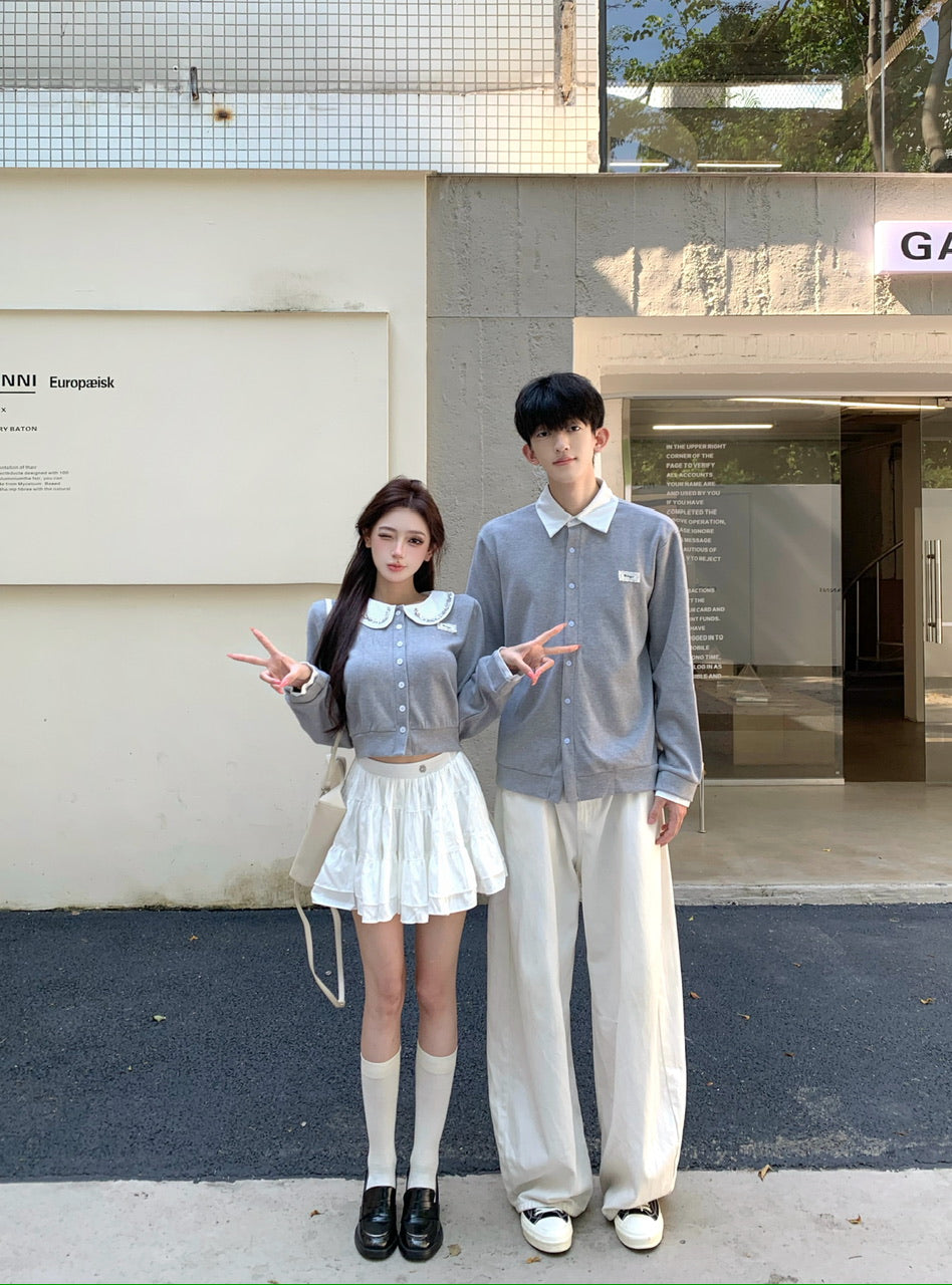 💕富家千金miu系學院娃娃領開衫情侶裝