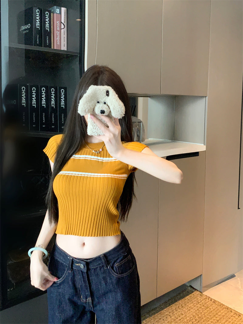 💕撞色條紋短袖針織圓領上衣
