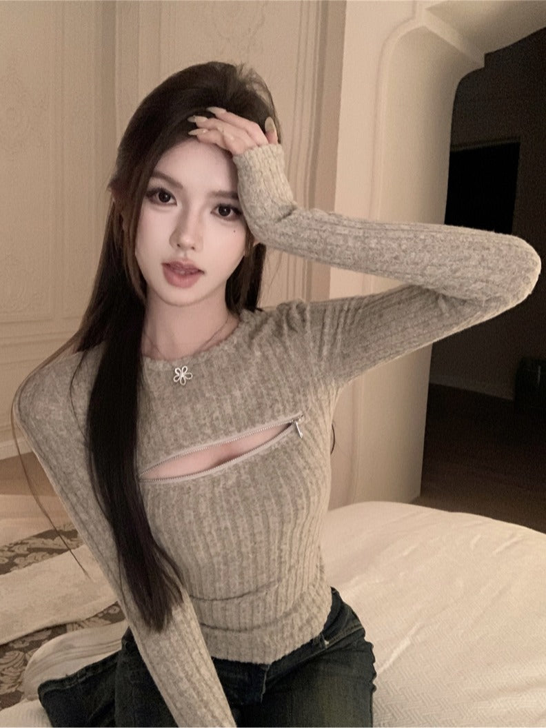 💕氣質柔軟可拉拉鍊圓領針織長袖打底衫