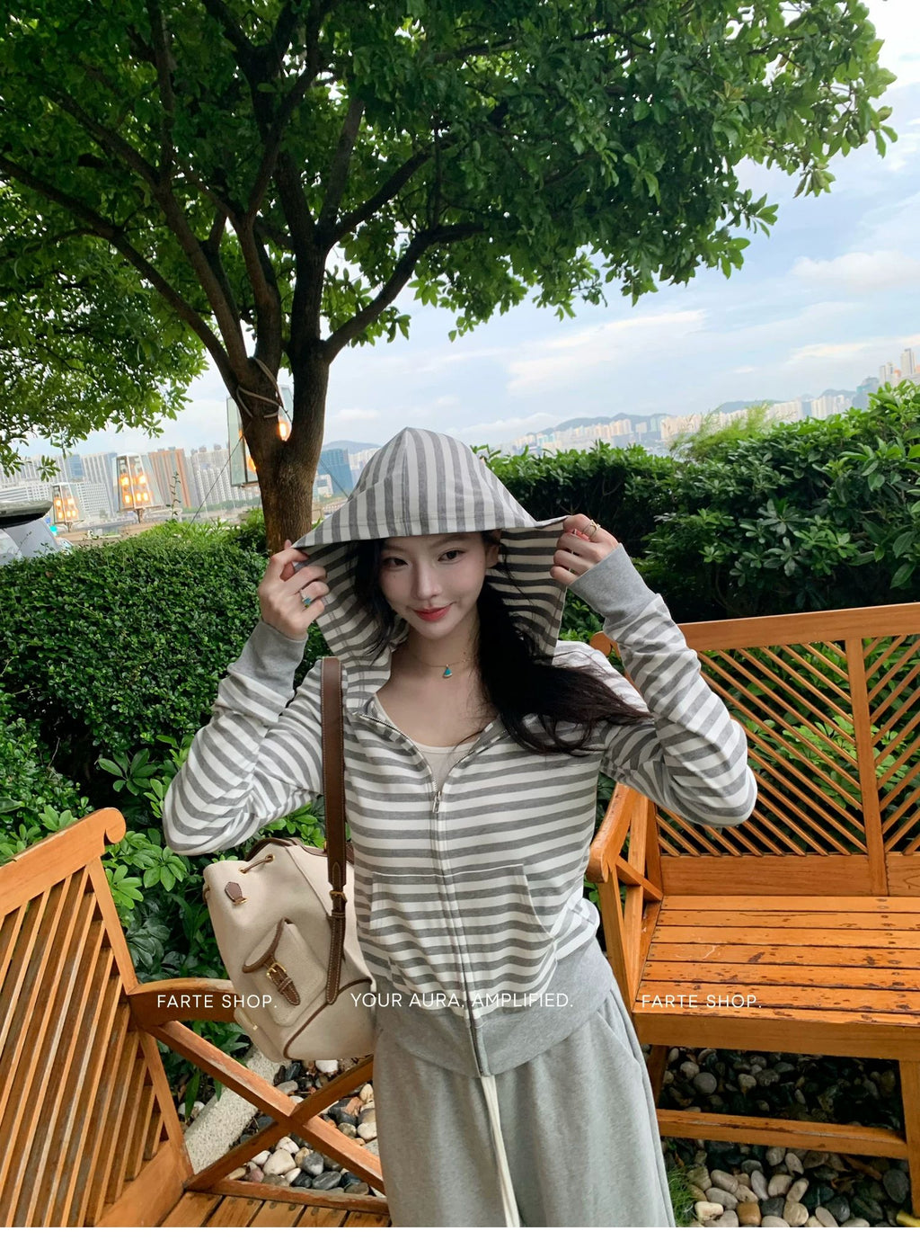 💕休閒百搭灰白條拼接短款薄外套