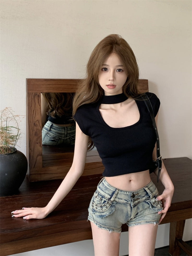 💕美式復古辣妹掛脖修身顯瘦短款上衣