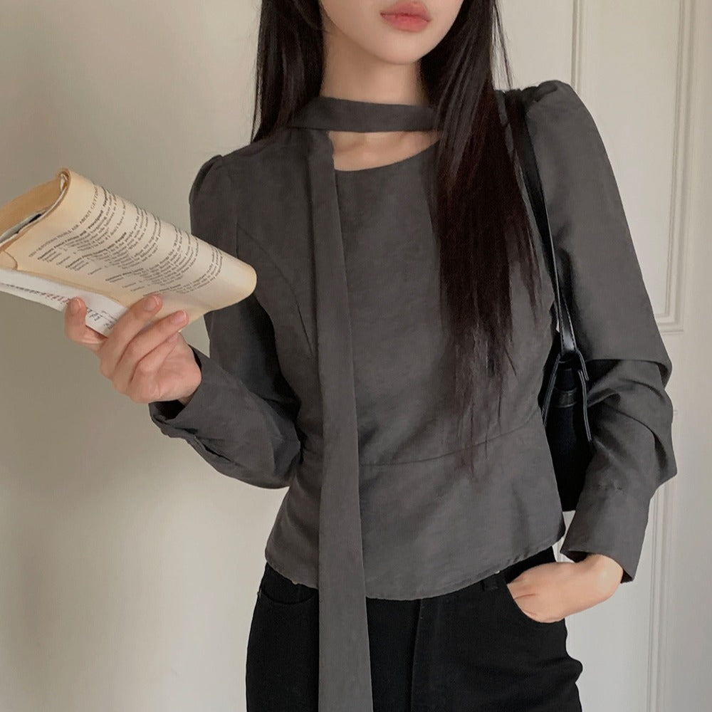 💕ins溫柔飄帶蝴蝶結泡泡袖修身顯瘦上衣