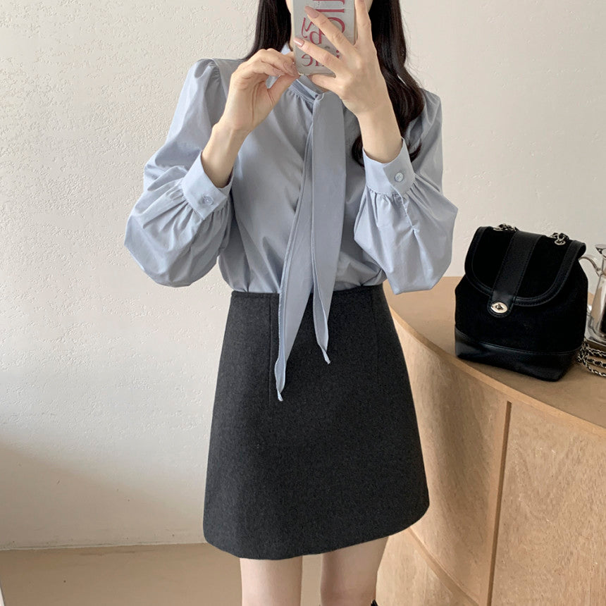 💕韓系chic法式飄帶領結襯衫
