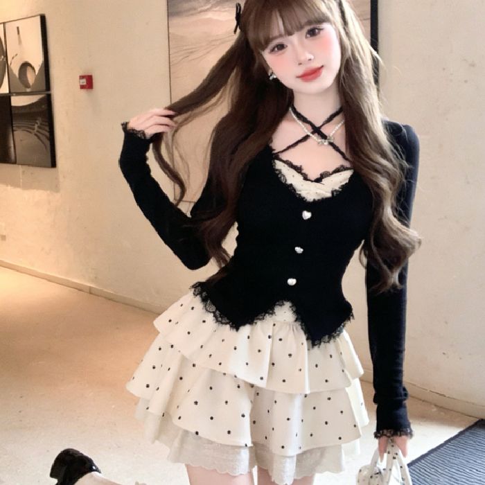 💕約會甜美黑色蕾絲針織上衣點點半身蛋糕裙套裝