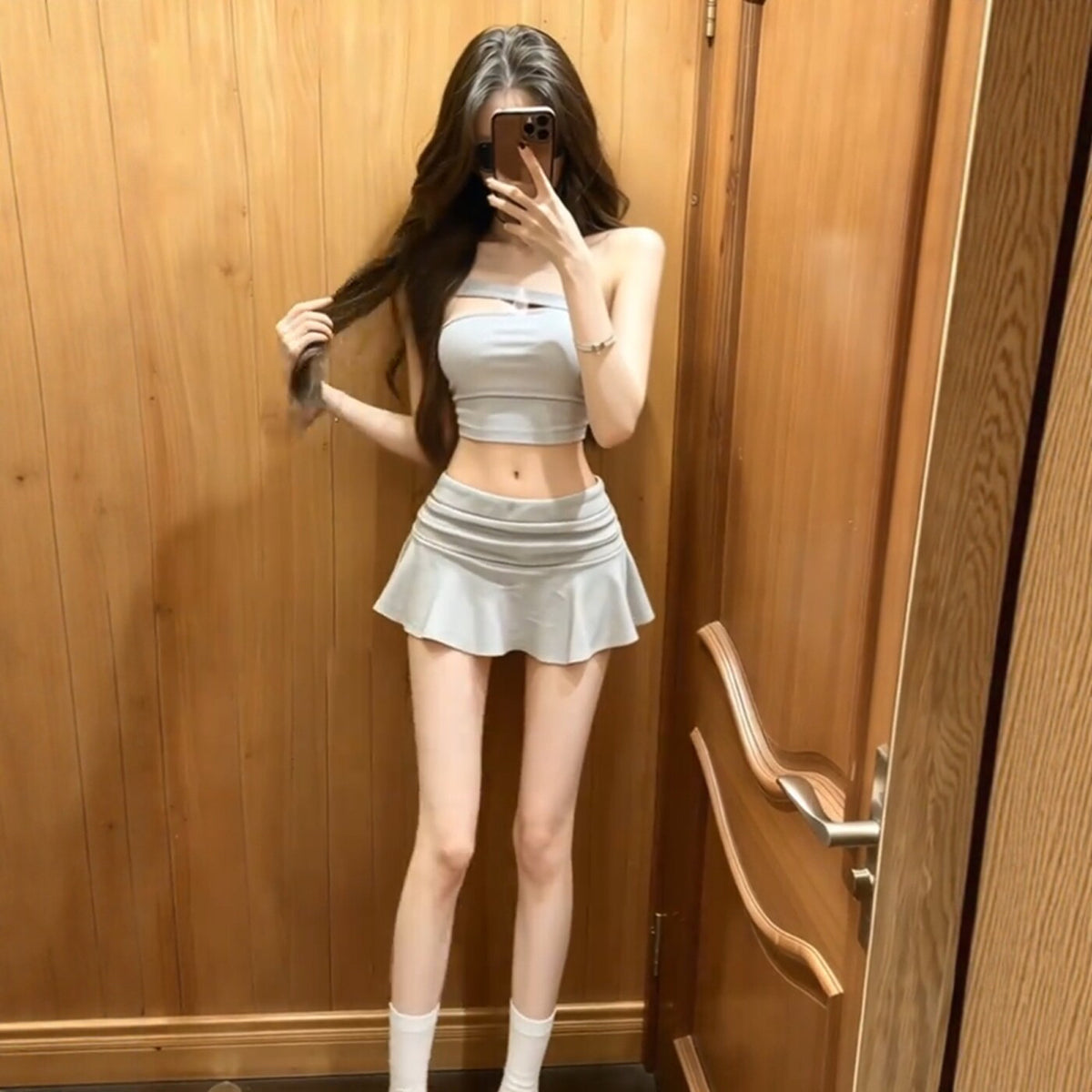 💕性感純欲斜肩短版上衣&短裙兩件套