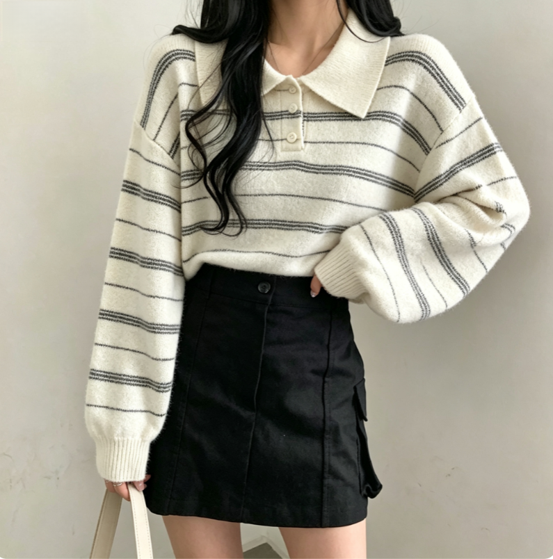 💕復古鬆弛感顯瘦條紋polo衫