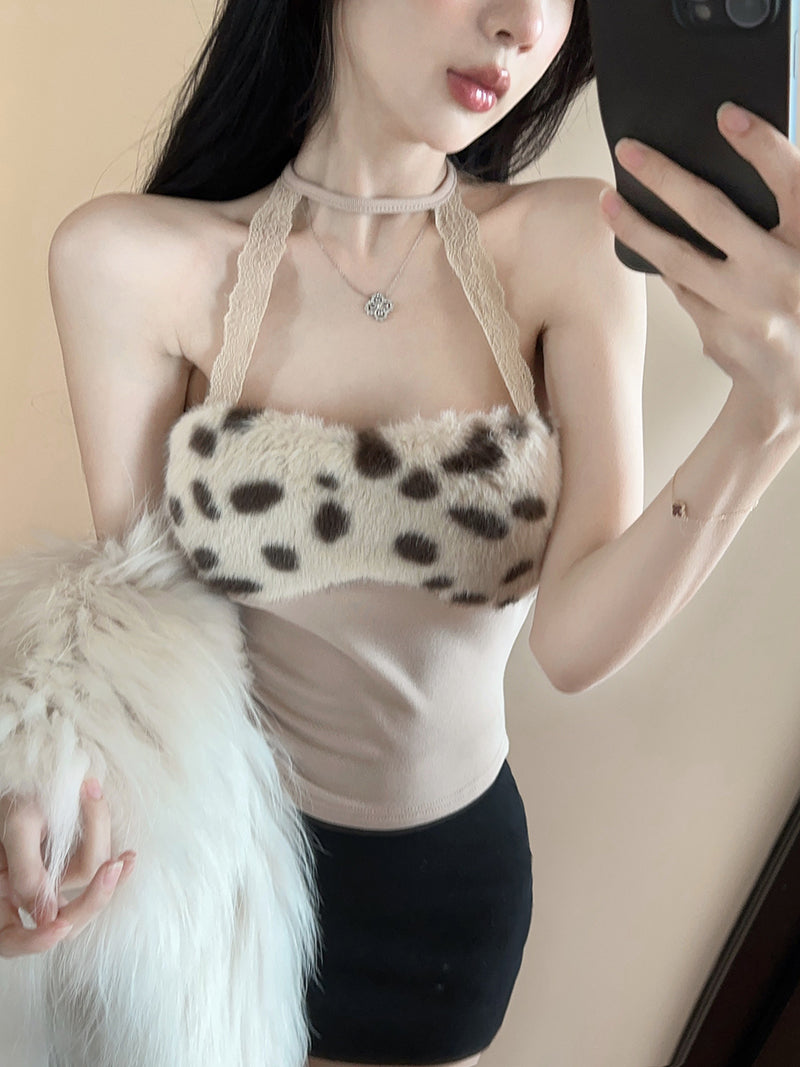 💕蕾絲掛脖拼接毛絨絨短款背心