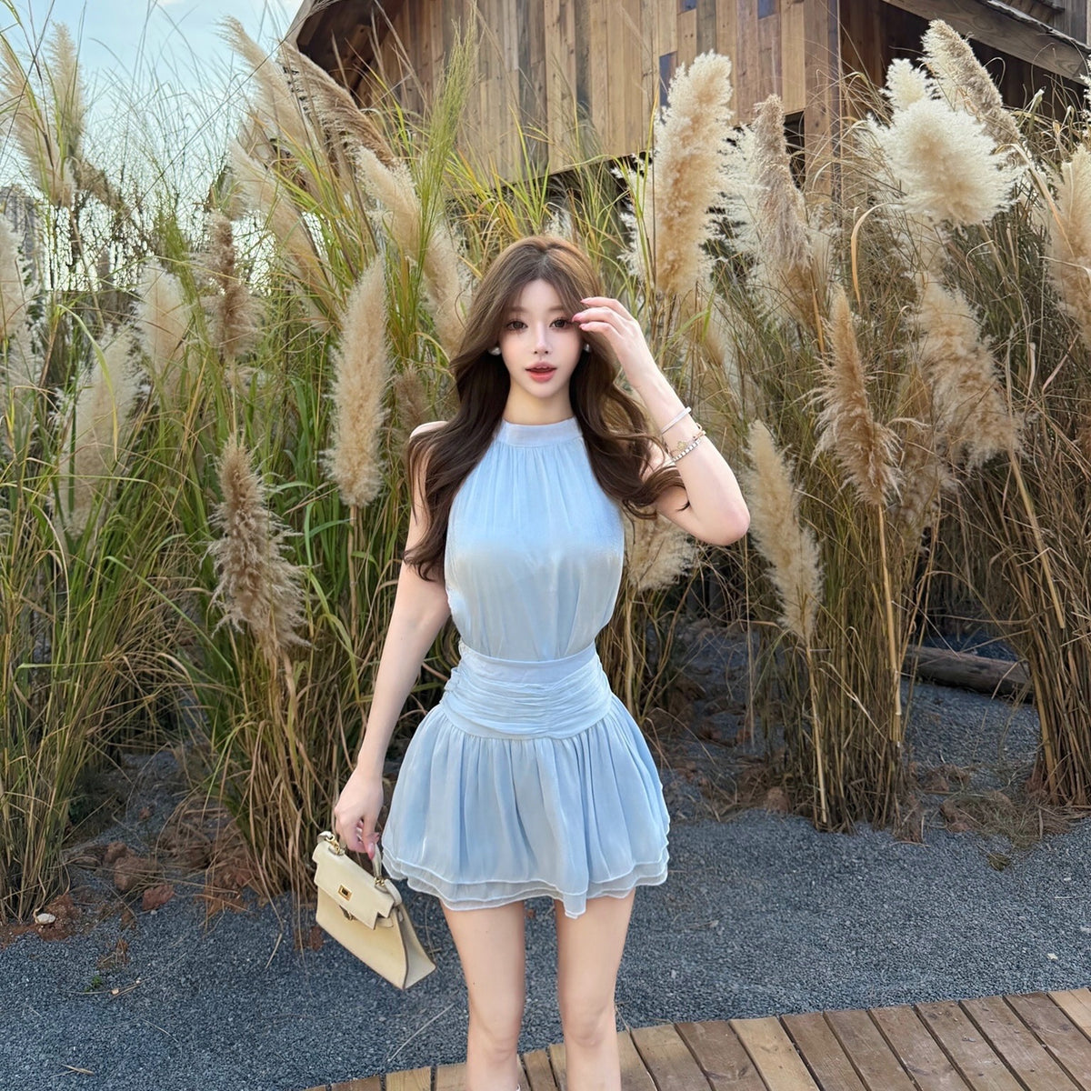 💕法式溫柔無袖掛脖連衣裙