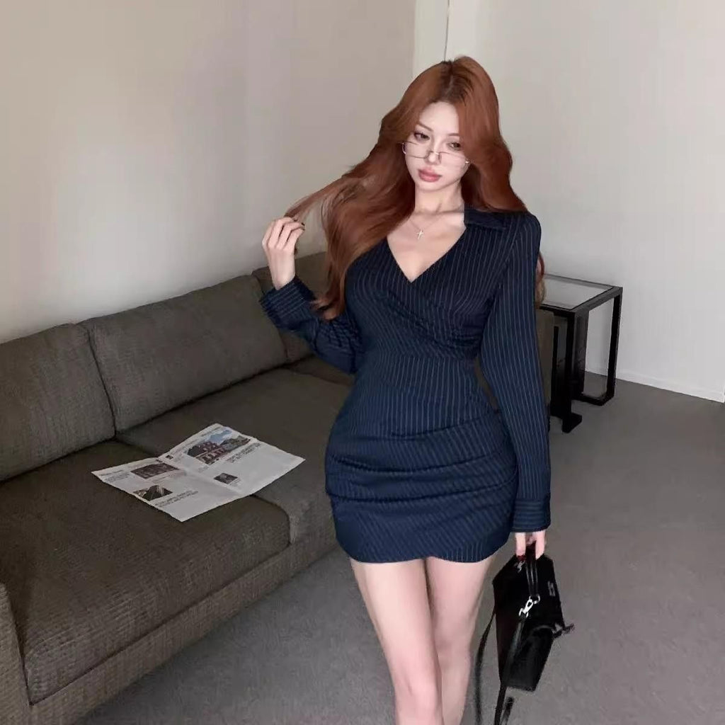 💕高級性感法式條紋V領長袖襯衫連衣裙