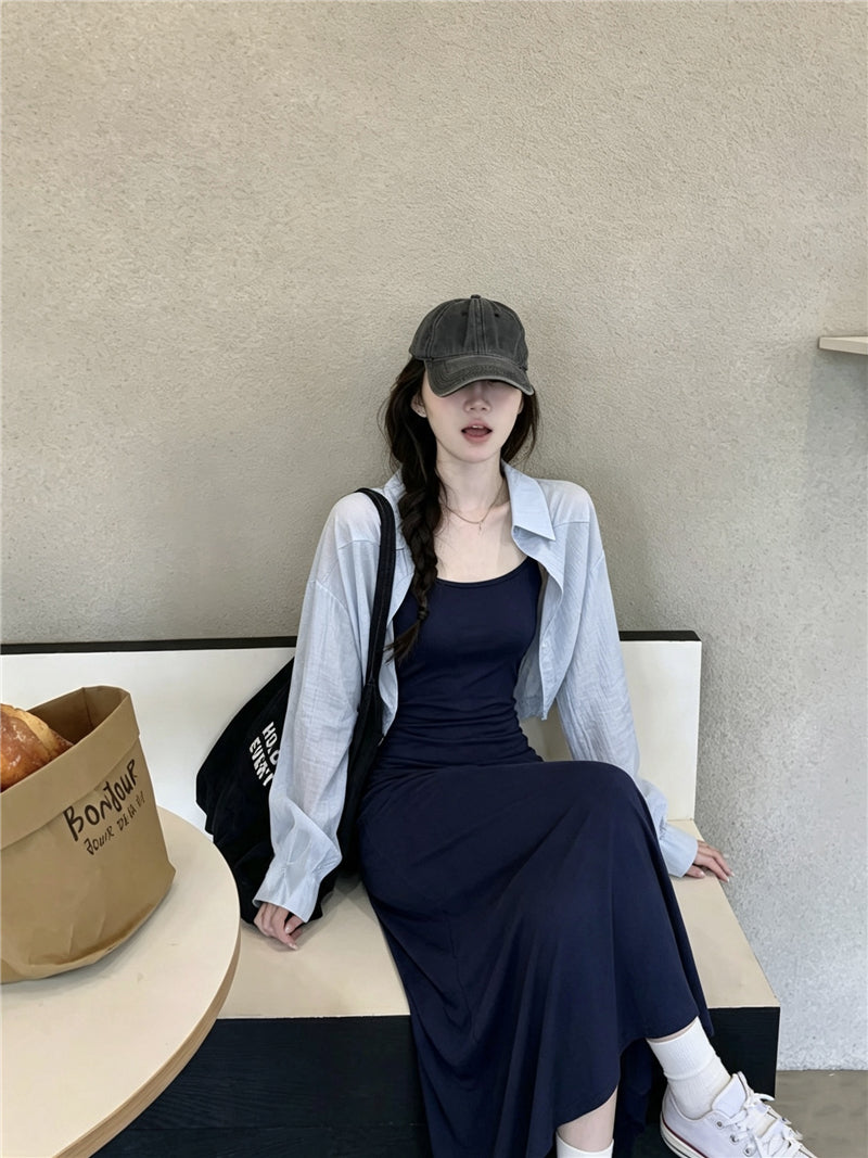 💕百搭休閒清透感藍色開衫連衣裙兩件套