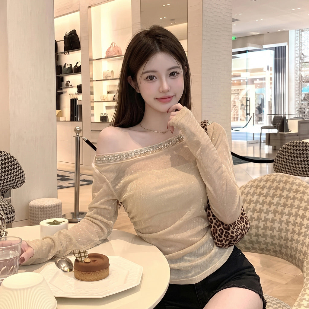 💕純御性感一字肩微透細閃褶皺氛圍感上衣