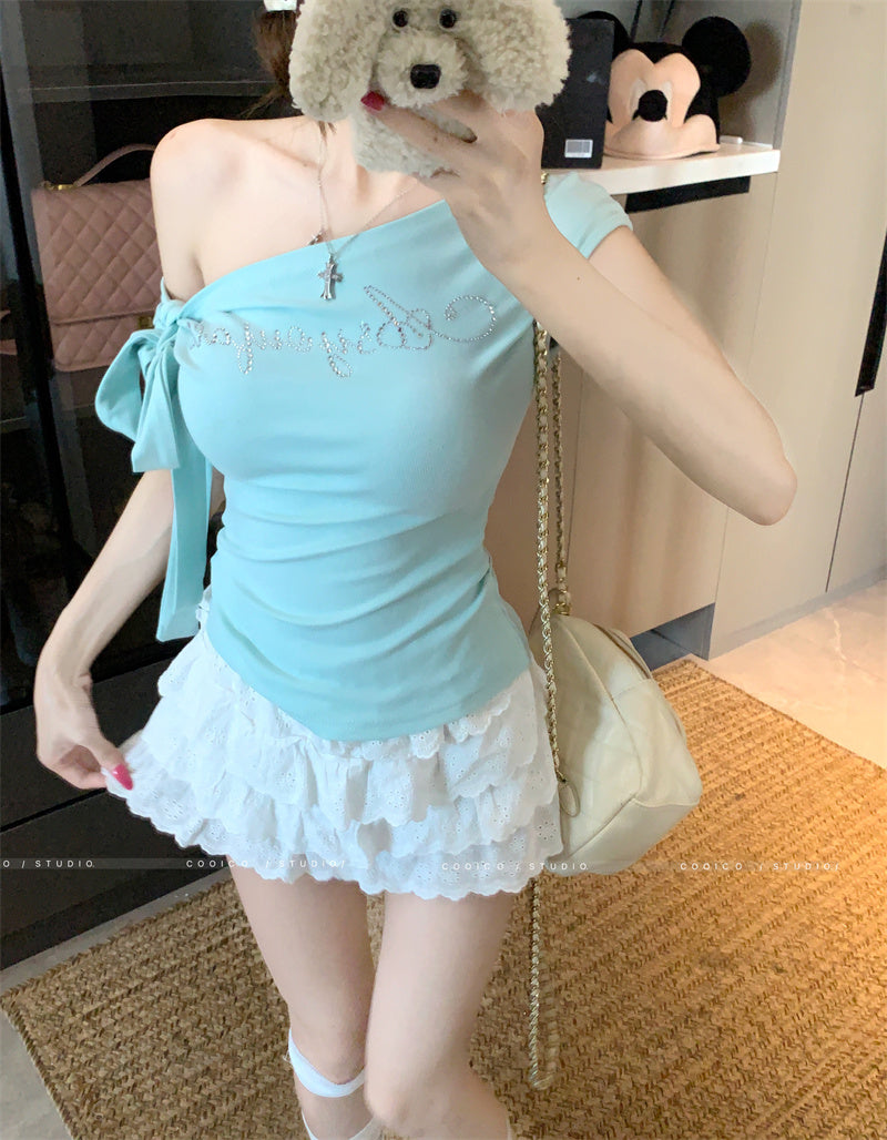 💕斜肩綁帶修身收腰短袖上衣