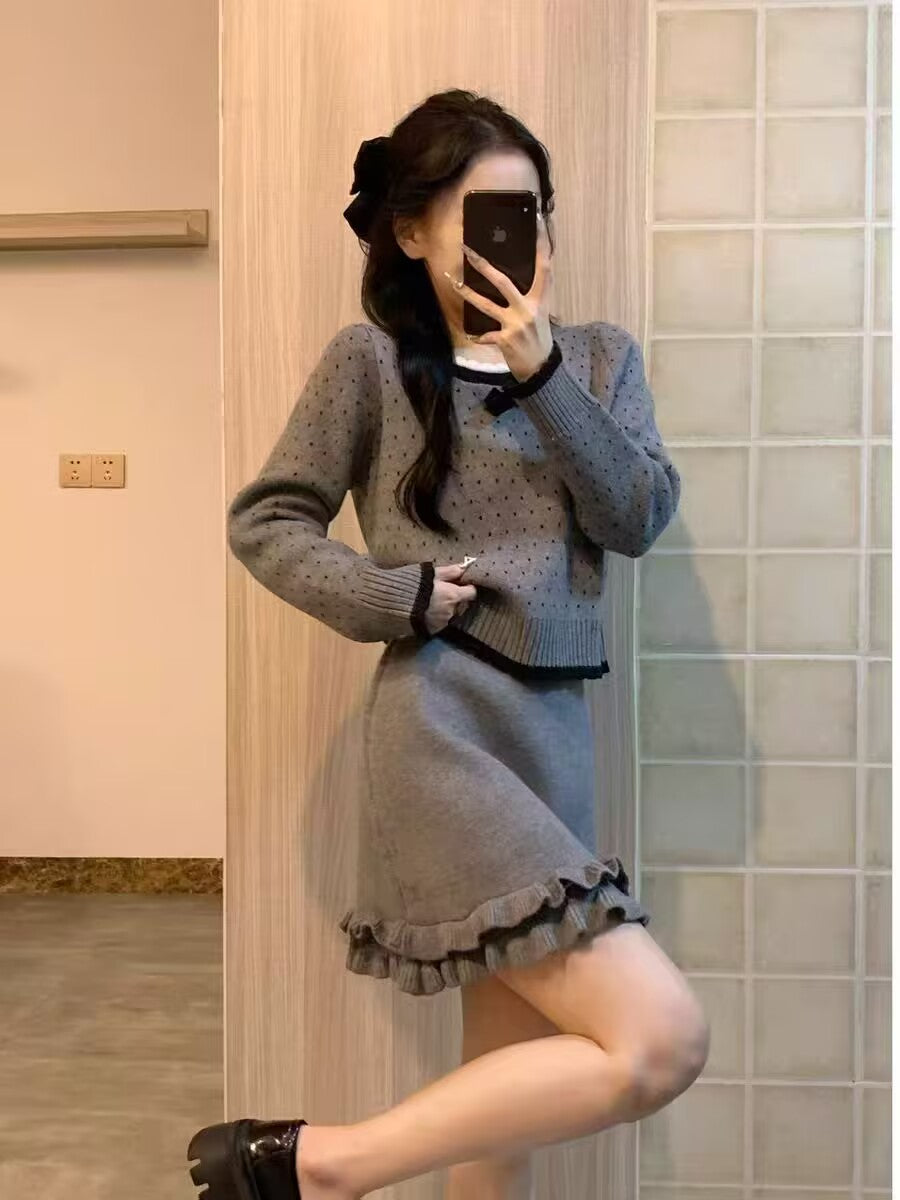 💕溫柔波點花邊蝴蝶結慵懶長袖毛衣套裝