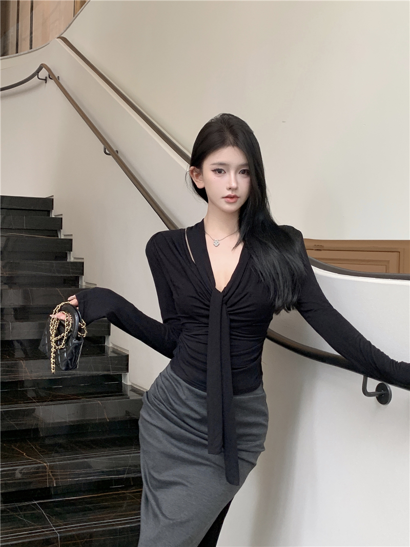 💕韓系設計感褶皺盪領飄帶長袖打底衣