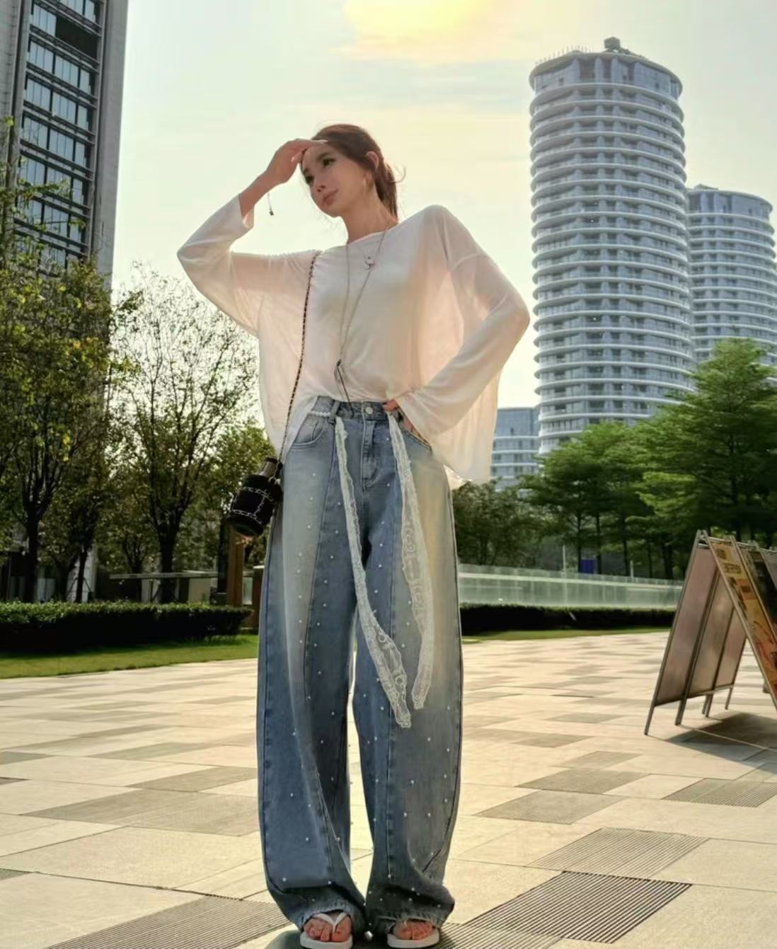 💕清透感溫柔通勤百搭磨白釘珠珍珠牛仔褲