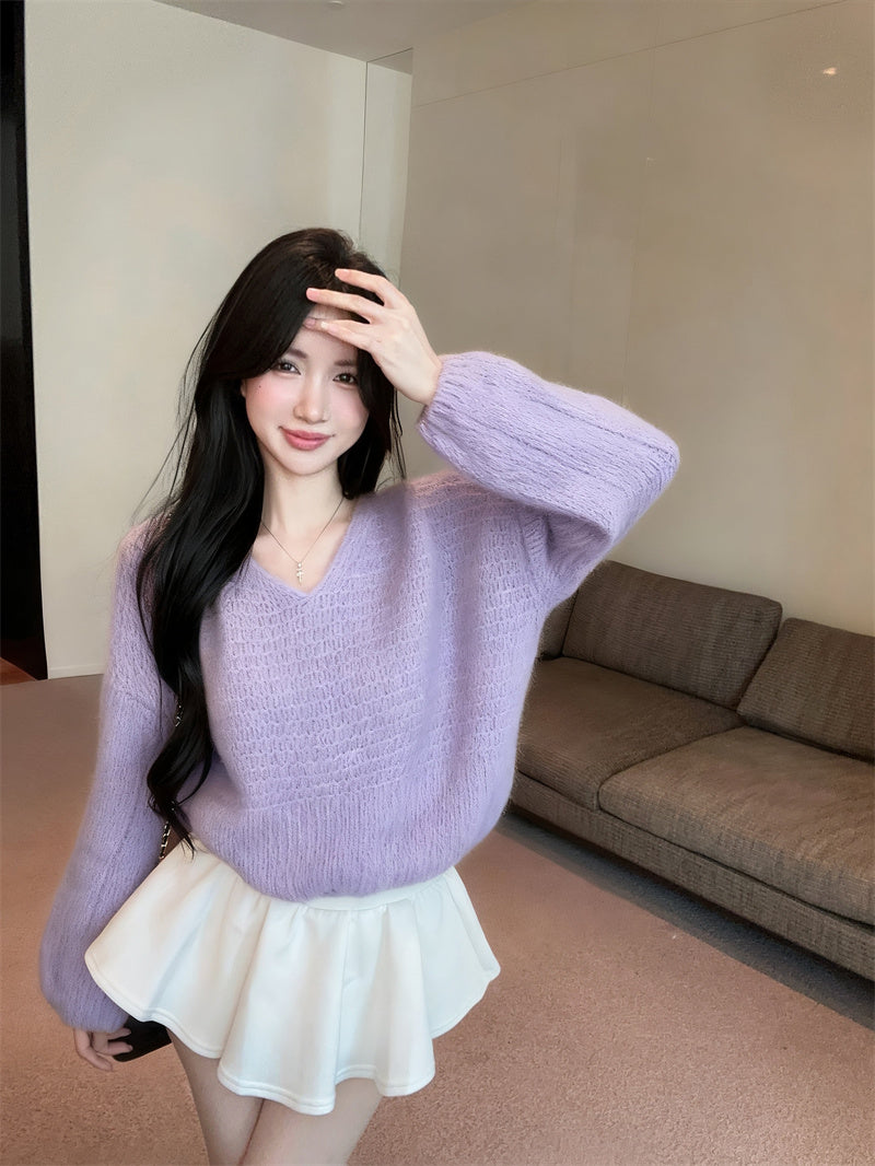 💕慵懶風V領長袖寬鬆毛衣鏤空衫