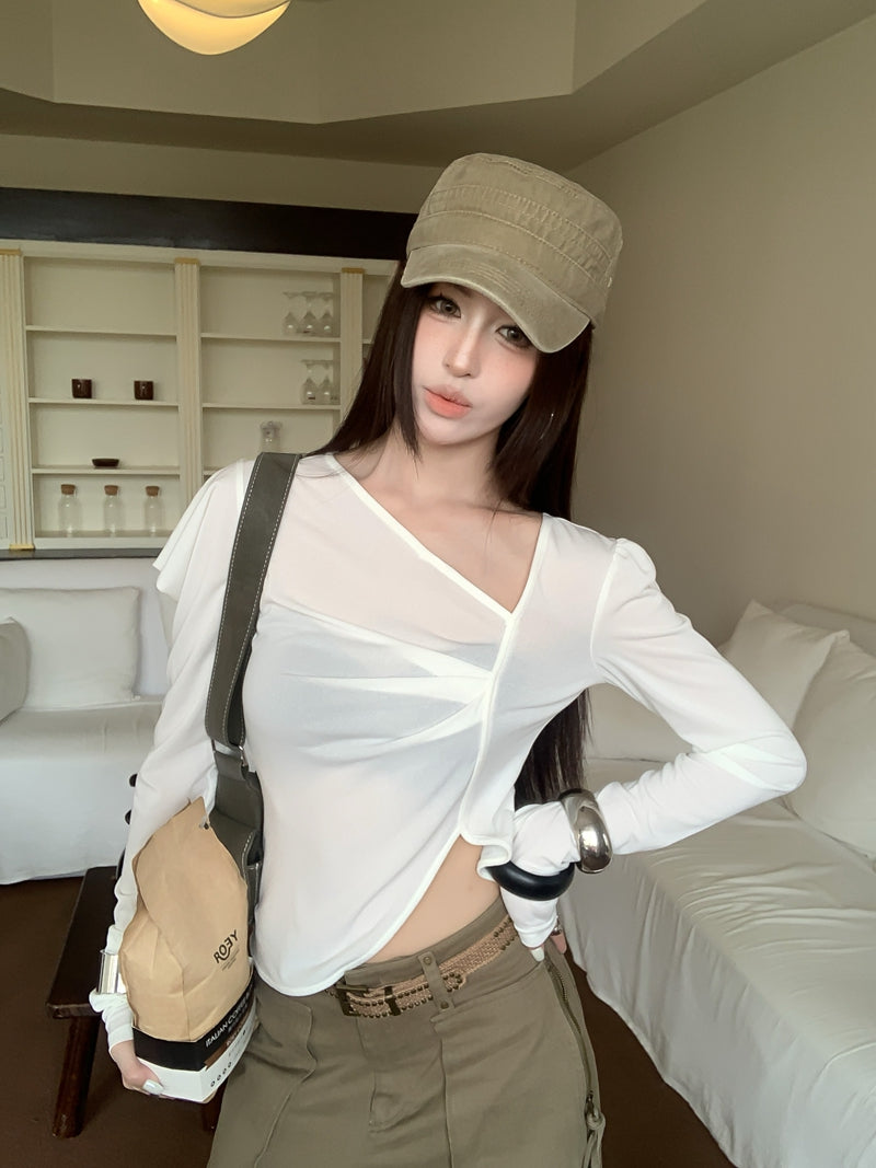 💕chic復古不規則斜領長袖短款不對襯上衣