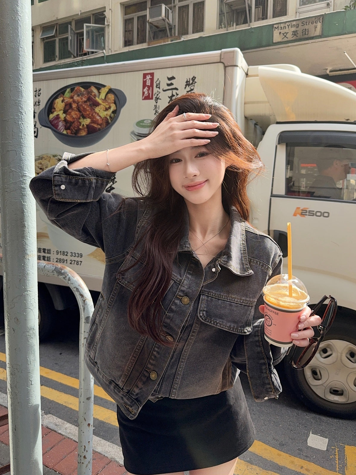 💕美式暈染水洗牛仔黑灰重工短外套