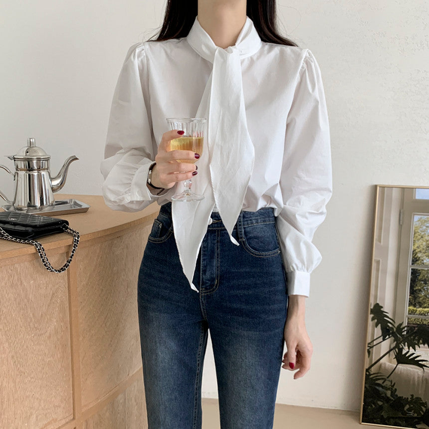 💕韓系chic法式飄帶領結襯衫