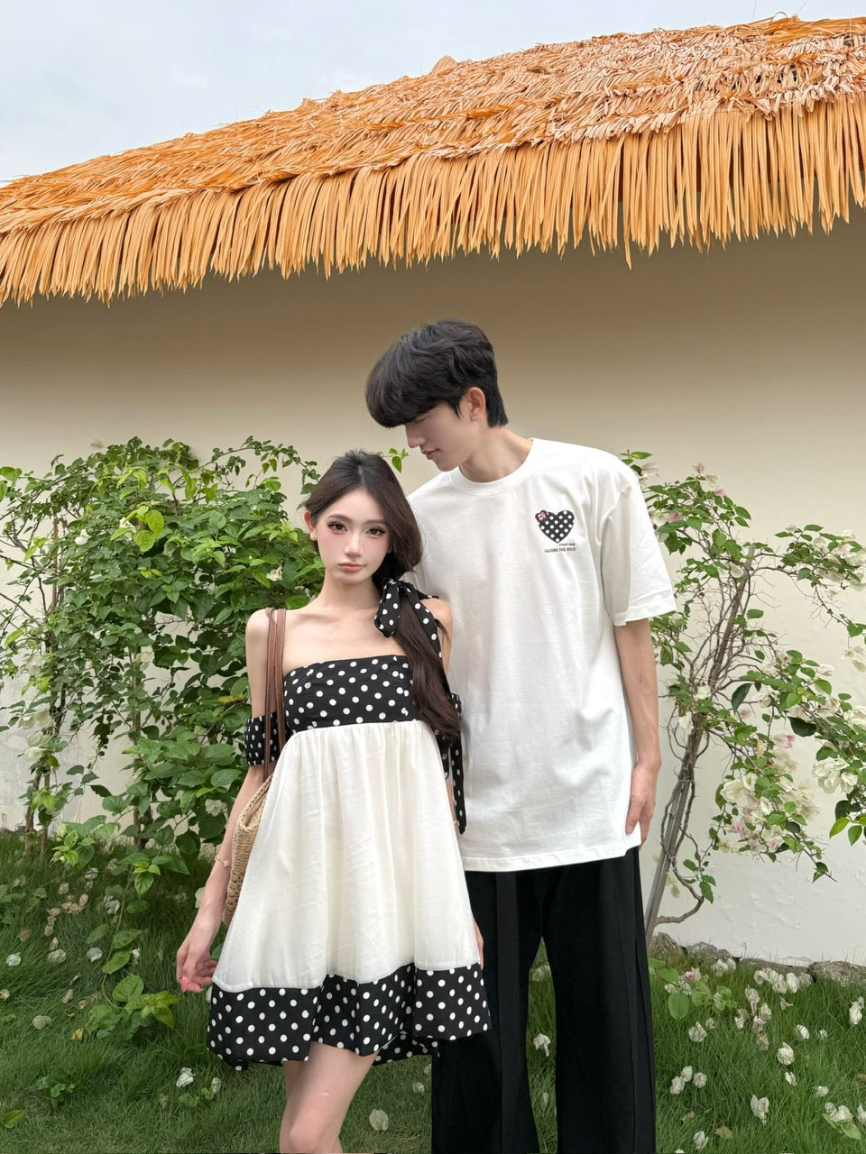 💕法式赫本復古點點抹胸連衣裙情侶套裝