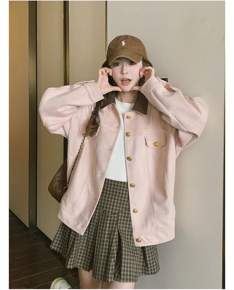 💕韓系甜美溫柔粉色麂皮絨短款休閒夾克外套