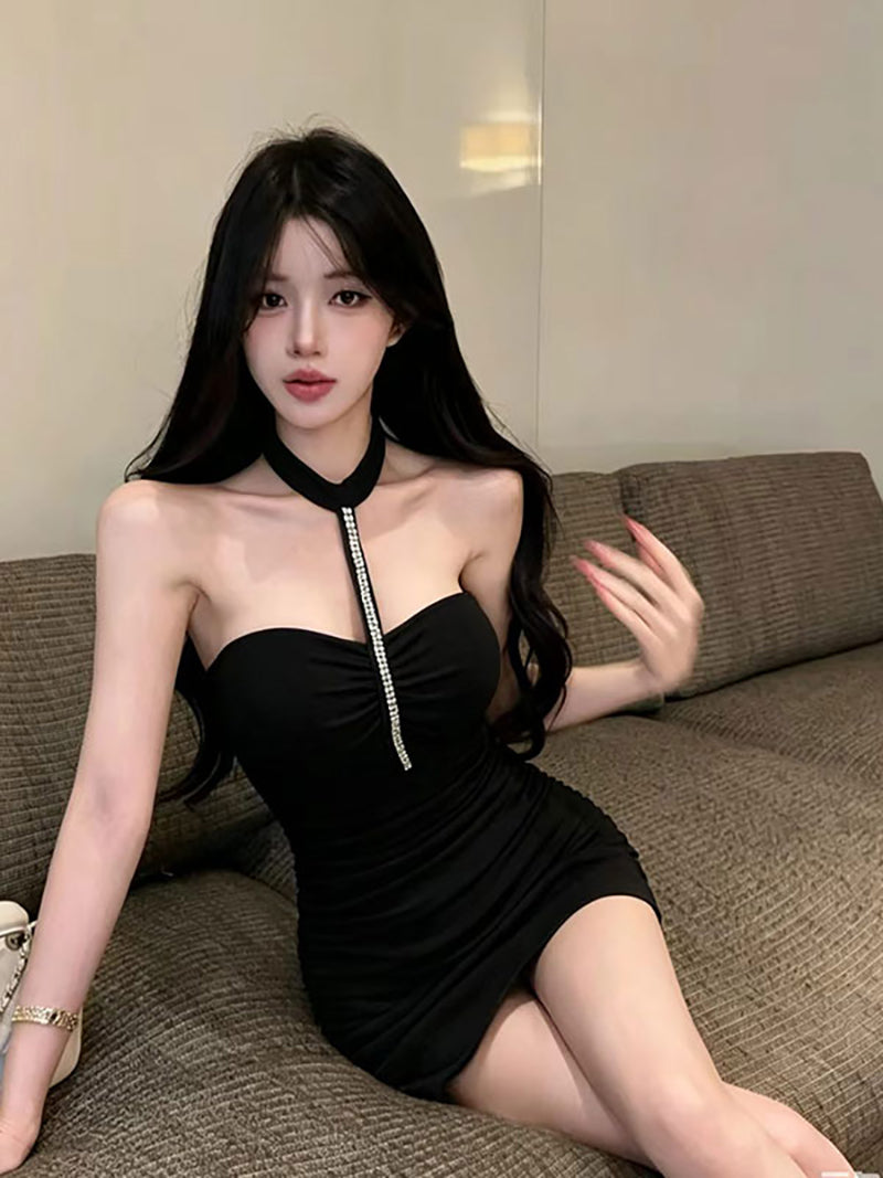 💕辣妹性感御姐風掛脖手工釘鑽緊身包臀裙