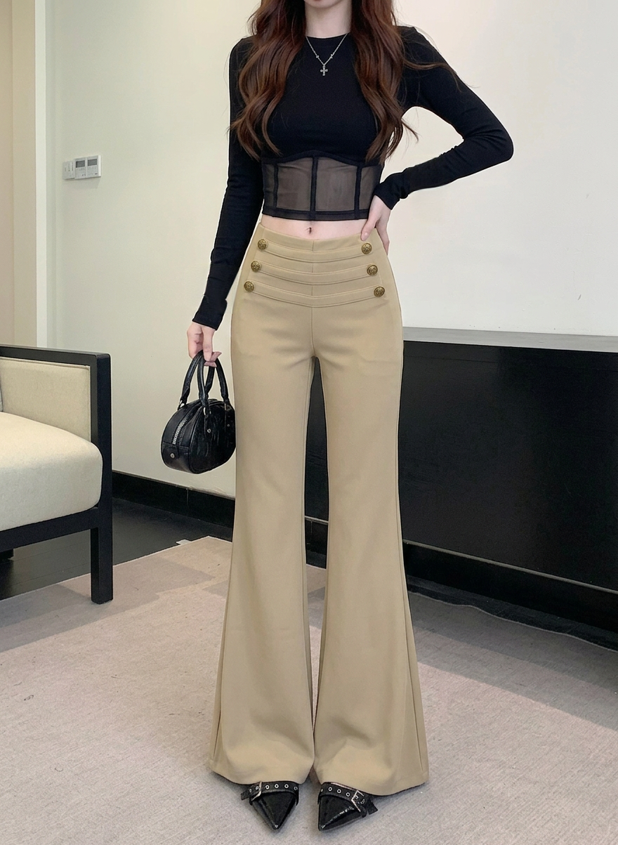 💕韓系辣妹純欲修身顯瘦高腰微喇叭長褲+百搭上衣