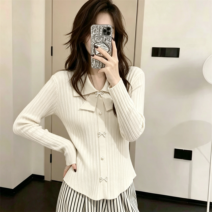💕小香風蝴蝶結polo領長袖針織毛上衣