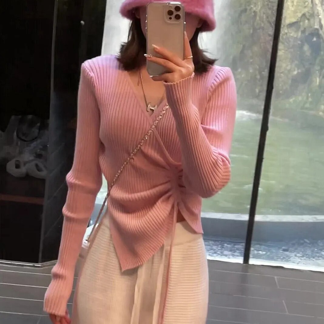 💕法式不規則扭結V領針織長袖毛衣