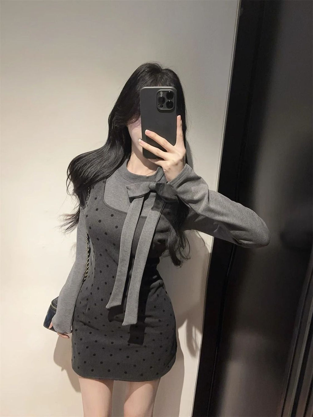 💕法式蝴蝶結飄帶圓領點點背帶兩件套