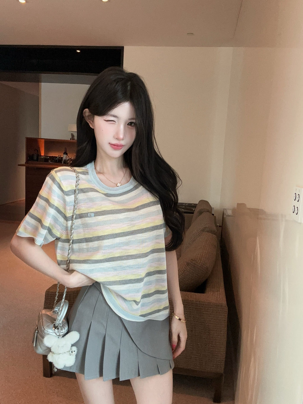 💕夏季清透感柔軟撞色條紋針織衫上衣