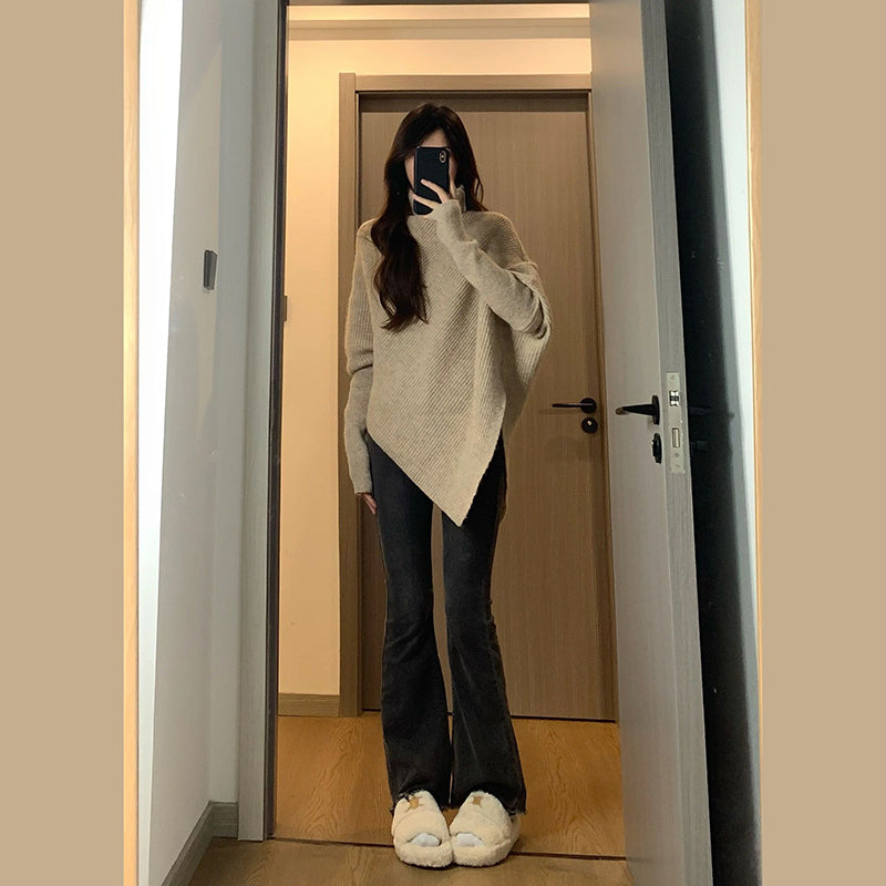 💕溫柔韓系慵懶不規則高領加厚針織毛衣