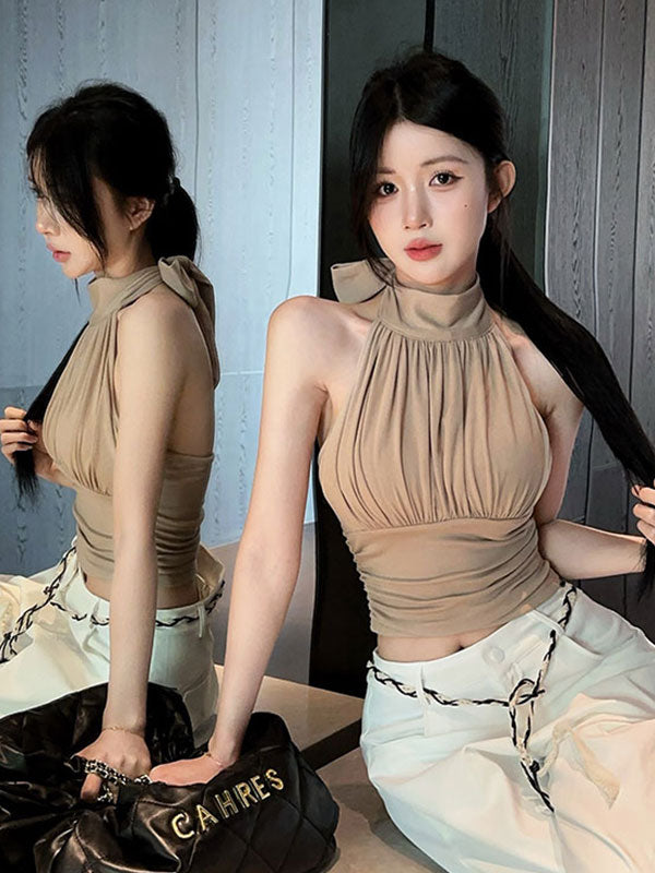 💕掛脖飄帶帶胸墊收腰無袖露肩上衣