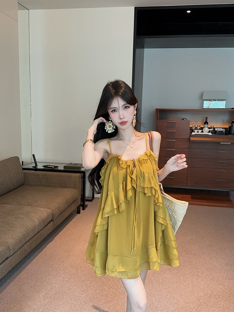 💕氣質重工吊帶荷葉邊不規則連衣裙