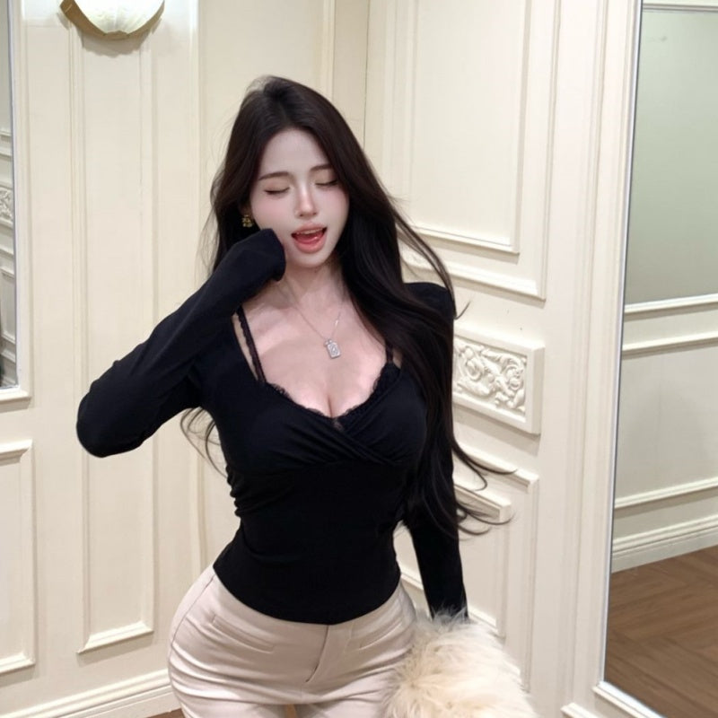 💕辣妹蕾絲拼接假兩件長袖上衣