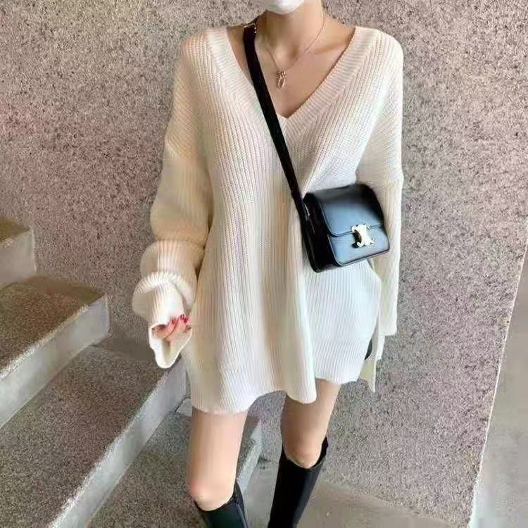 💕韓系ins簡約V領側開衩落肩長袖中長款毛衣