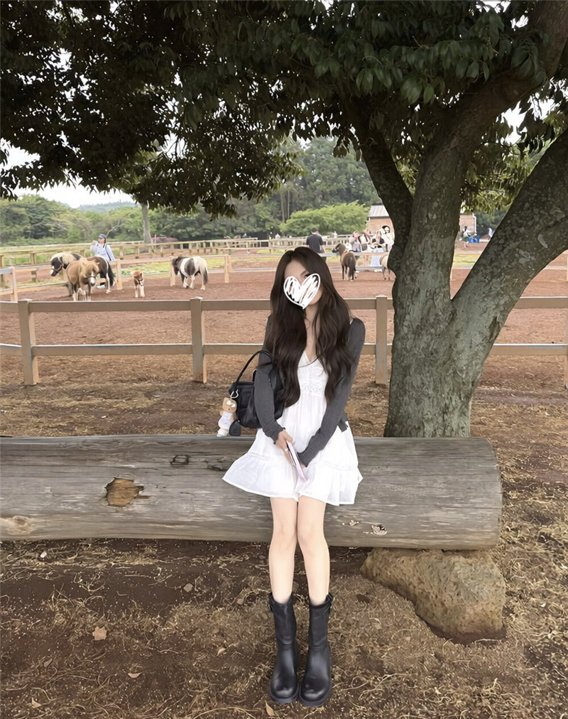 💕少女坑條理肌感針織開衫+蕾絲吊帶裙兩件套