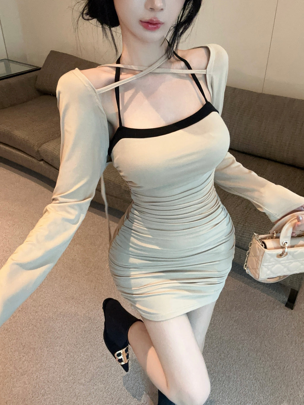 💕拚色系繩多種穿法包臀連身短裙+長袖短款罩衫兩件套