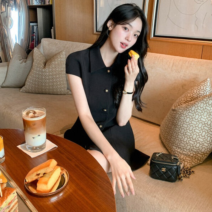 💕韓系氣質小香風翻領收腰小黑裙
