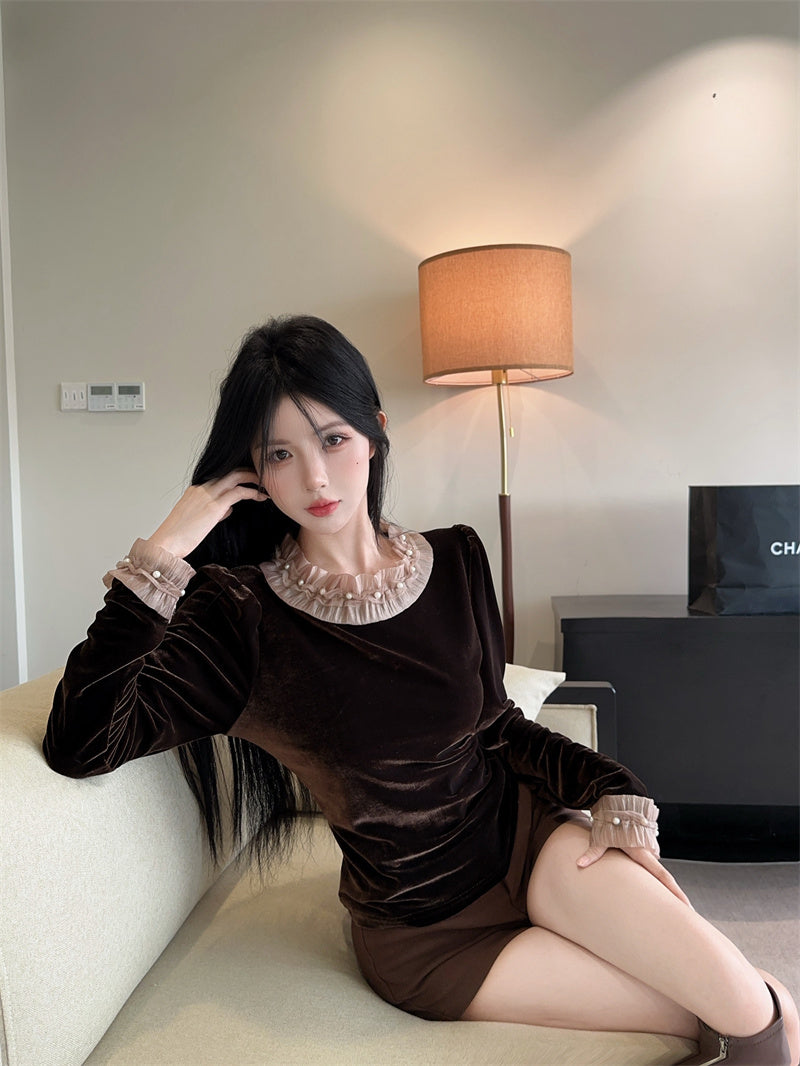 💕chic韓系小個子泡泡袖絲絨上衣