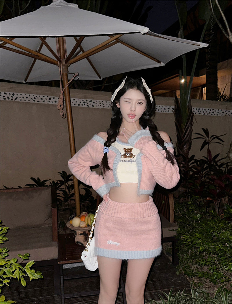 💕辣妹可愛小熊高腰印花拼接針織套裝