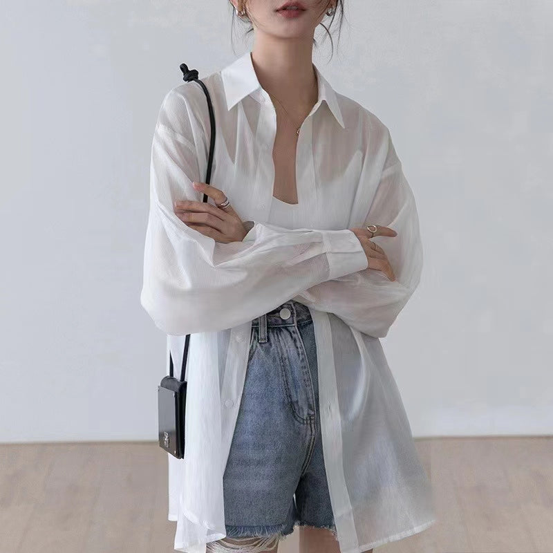 💕夏季天絲小眾薄款開衩防曬襯衫