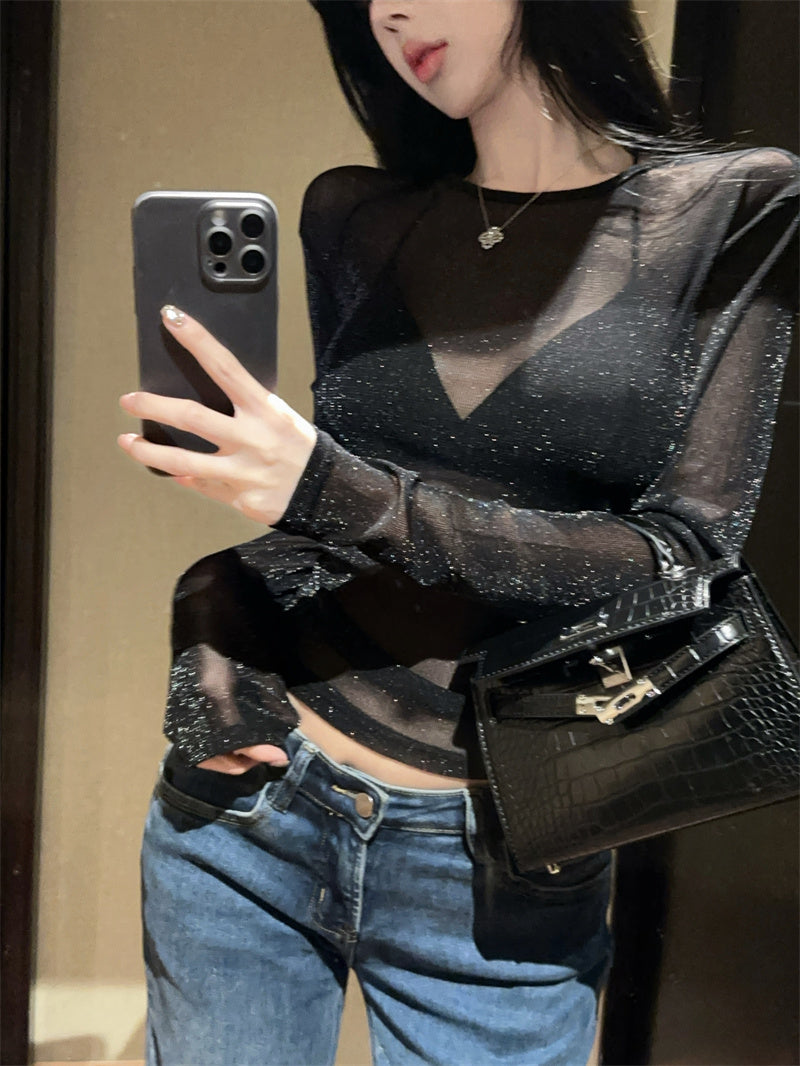 💕韓系高級感細閃網紗微透性感內搭打底衫上衣