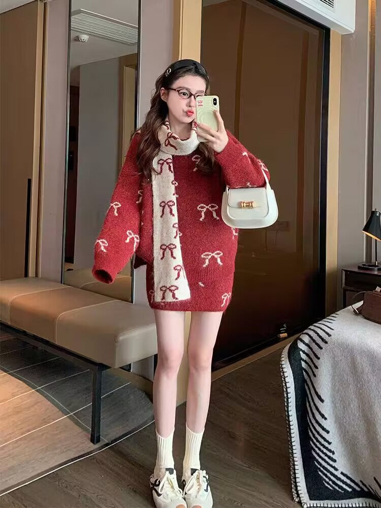💕韓系滿版蝴蝶結針織連衣裙套裝